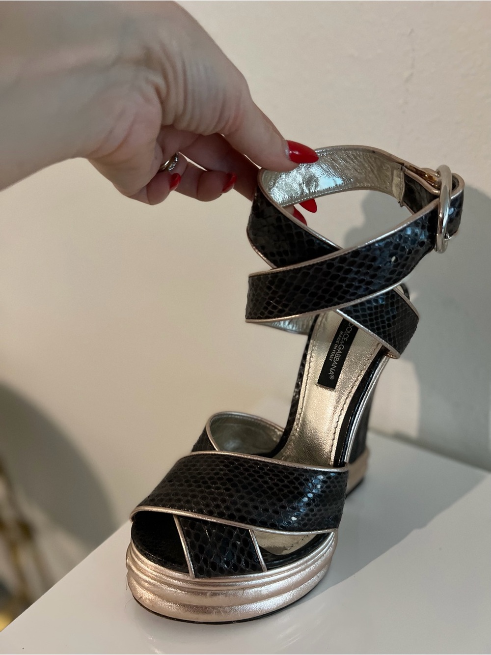 Dolce & Gabbana Black Snakeskin Wedge Sandals with Gold Accents
